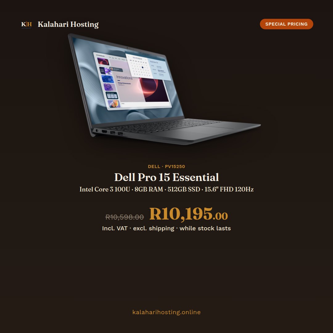 Special price: Dell Pro 15 Essential laptop with Intel Core 3 100U, 8GB RAM and 512GB SSD, R10,195 including VAT, down from R10,598