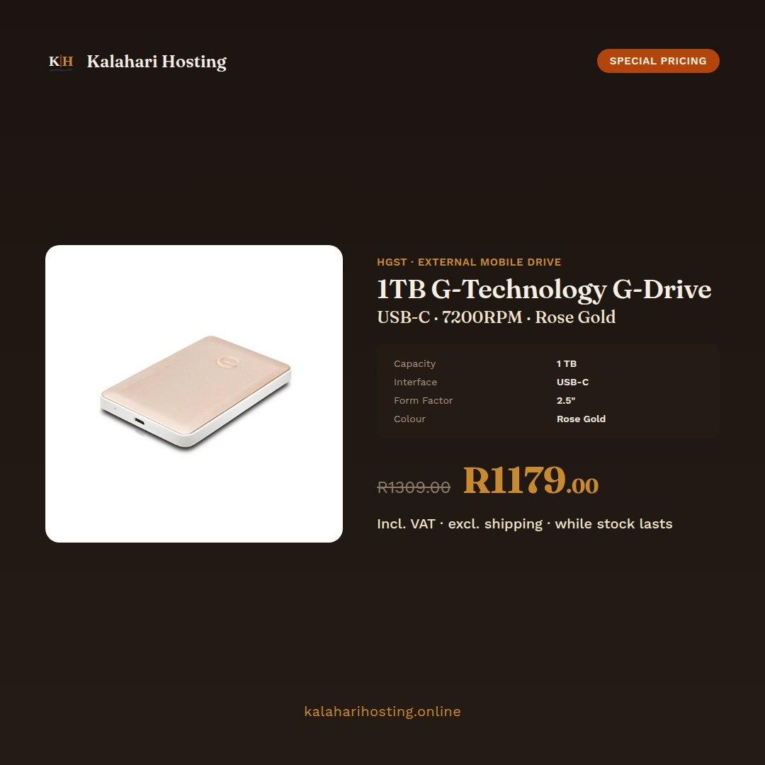 Special price: 1TB HGST G-Technology G-Drive USB-C portable drive in rose gold, R1,179 including VAT, down from R1,309